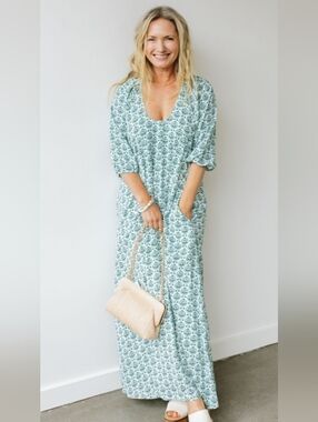 Hyacinth House Printed Maxi Dress Size M NWOT Green White Puff Sleeve Boho